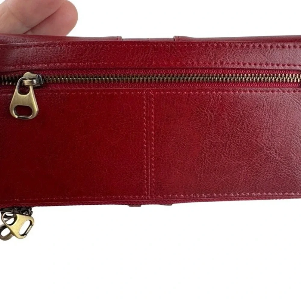 Sendefn Red Vegan Leather‎ Bifold Clutch Wallet Sunflower Snap Bronze Zip Large